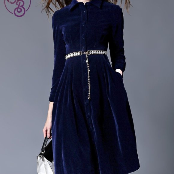 Blue Velvet Belted Dress  by Couer de Vague - Picture 3 of 5